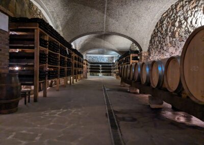 Cantina a volte con botti e bottiglie